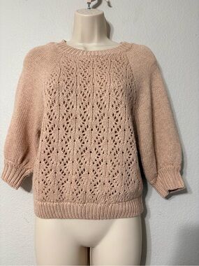 Pointelle Knit Blush Sweater Crewneck Raglan Elbow Length Soft S